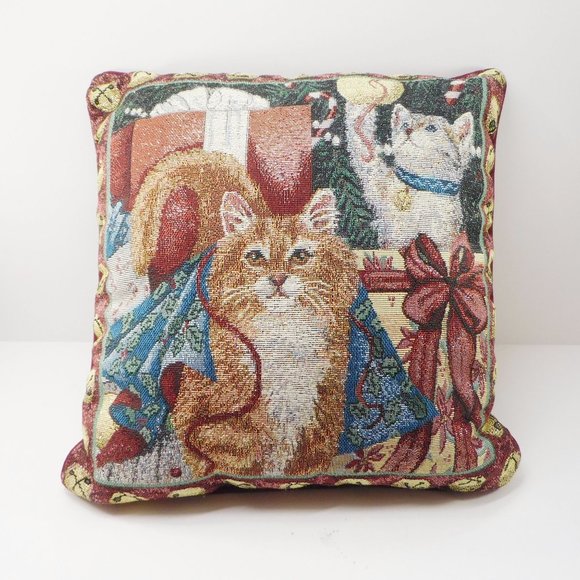 Christmas Tabby Cat Tapestry Pillow 15" - Picture 1 of 4